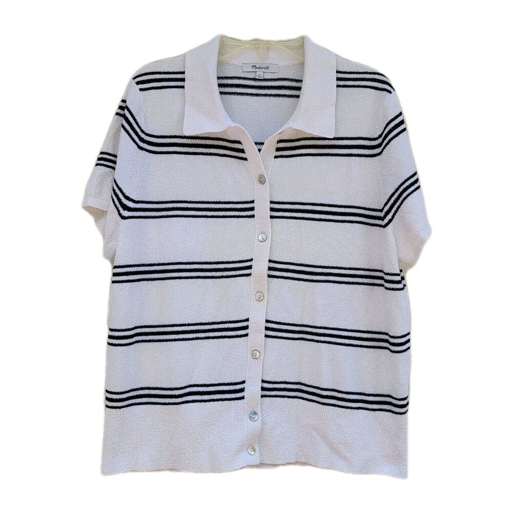 MADEWELL Sweater Polo Knit Tee White Stripe Short Sleeve Top Women’s Size XL